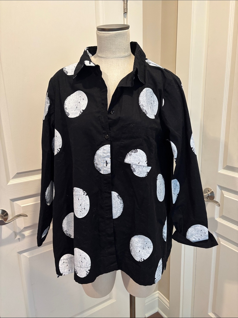 Black Button-Down Shirt with White Polka Dot Print